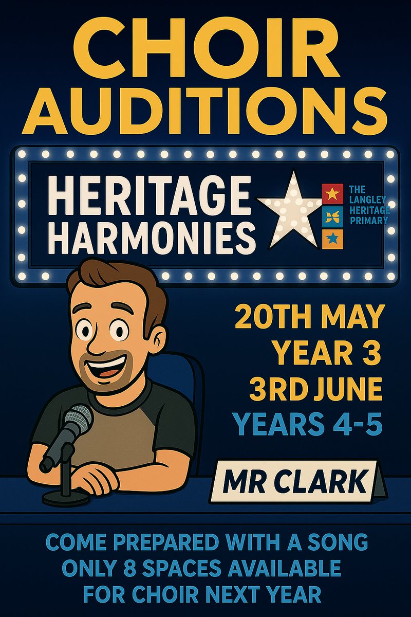 Still time to shine! 🎤✨ Auditions for Heritage Harmonies are on May 20th Year 3 and 3rd June for Year 4-5 - bring your best song and claim 1 of 8 spots! Don’t miss your chance. #SingYourHeartOut #HeritageHarmonies #AuditionCall #SchoolChoir