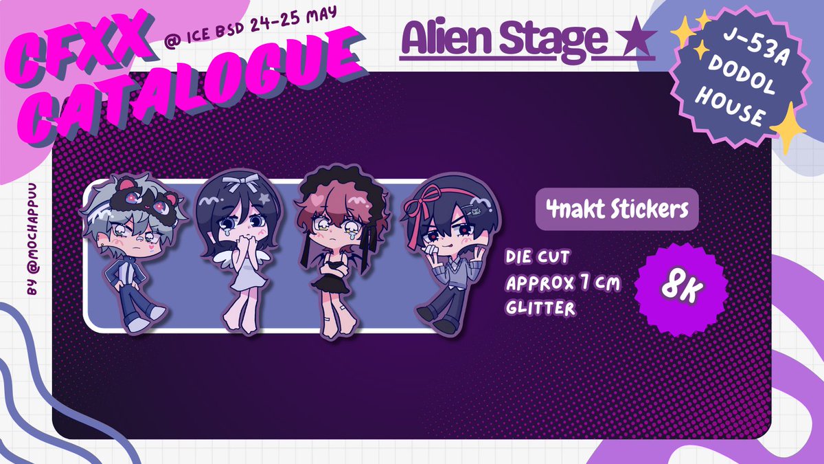 mochappuu's tweet image. [ 🩷 &amp;amp; 🔄 appreciated ˗ˏˋ ♡ ˎˊ˗ ]

Hello! Here&apos;s my OTS catalogue for #CFXX ⋆ ˚｡⋆୨୧˚

— ✮ date: 24 &amp;amp; 25 May
— ✮ circle name: Dodol House (J-53a) 
— ✮ fandom: Hololive ID , Green Yuri (TGSWIIWAGAA) , Alien Stage ( alnst ) , Dandadan , Miku 

#CFXX #CFXXcatalogue #ComifuroXX