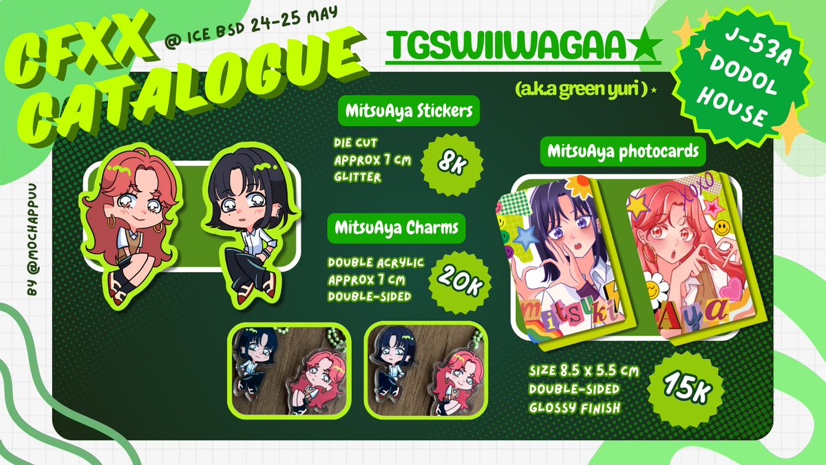 mochappuu's tweet image. [ 🩷 &amp;amp; 🔄 appreciated ˗ˏˋ ♡ ˎˊ˗ ]

Hello! Here&apos;s my OTS catalogue for #CFXX ⋆ ˚｡⋆୨୧˚

— ✮ date: 24 &amp;amp; 25 May
— ✮ circle name: Dodol House (J-53a) 
— ✮ fandom: Hololive ID , Green Yuri (TGSWIIWAGAA) , Alien Stage ( alnst ) , Dandadan , Miku 

#CFXX #CFXXcatalogue #ComifuroXX