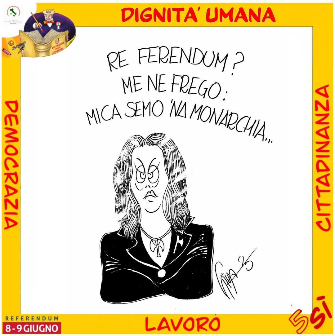 vignettisti's tweet photo. Fabio Fina ci aiuta a continuare la nostra campagna contro l'astensione ai referendum di 8 e 9 giugno. 
#referendum #referendum8e9giugno #5sì #quorum #satira #satirapolitica #sátira #vignette #vignettes https://t.co/z8nB8GLeT6