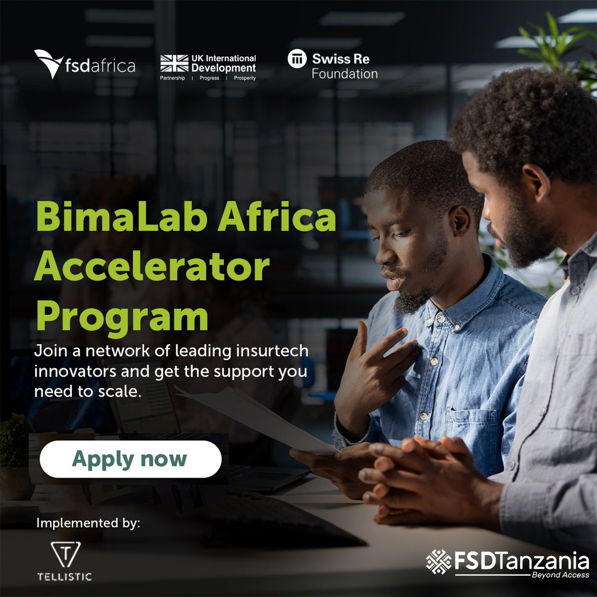 🌍 Join Us in Shaping the Future of Insurance in Tanzania! 🚀

FSDT is proud to support the BimaLab Africa 2025 Accelerator Program, which is now officially open for applications!

If you're an Insurtech innovator, Climate Resilience champion, or working on solutions in
