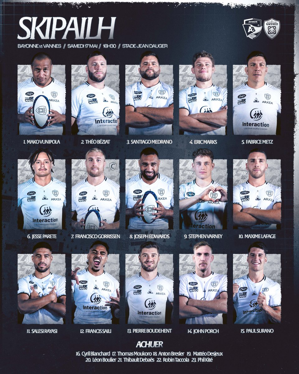 Rugby Club Vannes (@rugbyclubvannes) on Twitter photo 𝐒𝐤𝐢𝐩𝐚𝐢𝐥𝐡 ⚔️
Voici notre équipe pour notre déplacement à 𝐁𝐚𝐲𝐨𝐧𝐧𝐞, dans le cadre de la 24ème journée <a href="/top14rugby/">TOP 14 Rugby</a> ⚔️
Coup d’envoi ce samedi 17 mai à 16h30 💥
Diffusion en direct sur Canal + 📺
#FiertéBretonne 𝐒𝐤𝐢𝐩𝐚𝐢𝐥𝐡 ⚔️
Voici notre équipe pour notre déplacement à 𝐁𝐚𝐲𝐨𝐧𝐧𝐞, dans le cadre de la 24ème journée <a href="/top14rugby/">TOP 14 Rugby</a> ⚔️
Coup d’envoi ce samedi 17 mai à 16h30 💥
Diffusion en direct sur Canal + 📺
#FiertéBretonne