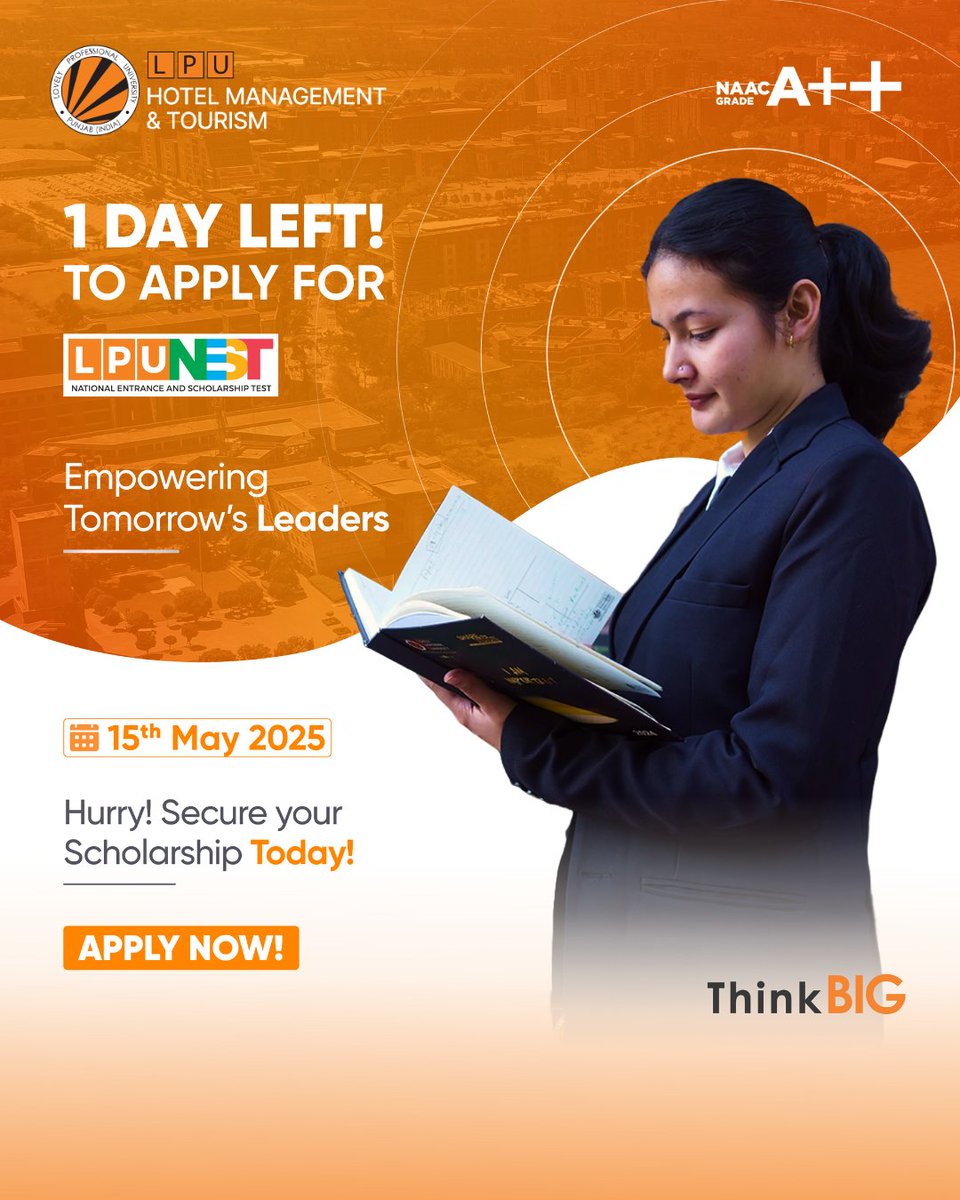 LPUHotelMgt's tweet image. Just 1 day left!
Dreaming of a career in Tourism &amp;amp; Aviation? LPU is calling!
Apply for LPUNEST by 15th May 2025 and grab your chance to earn a scholarship.
Empower your future. Think BIG. Act NOW!

#LPUNEST #LastDayToApply #ScholarshipAlert #TourismAndAirlines #LPU #FutureLeaders