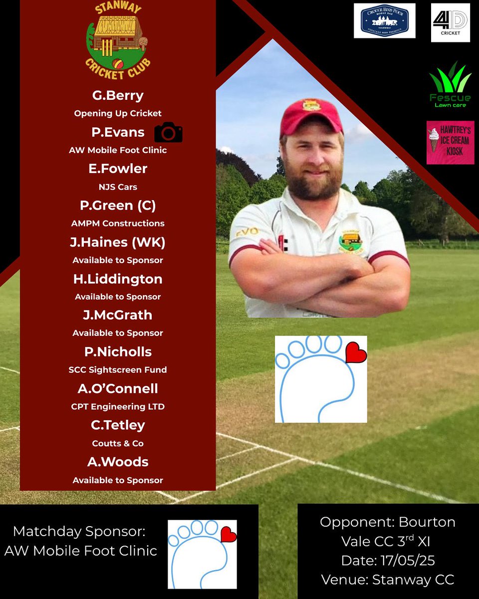 🏏🏏🏏 Team News 🏏🏏🏏 

Tomorrow we welcome <a href="/BourtonValeCC/">Bourton Vale Cricket Club</a> 3s to our stunning village ground - starting at 13:00.

After two strong performances we look to cement our position at the head of the league. 

Bar open all day, sun out, cricket on! Come on down. 

<a href="/swsportsnews/">South West Sports News</a>