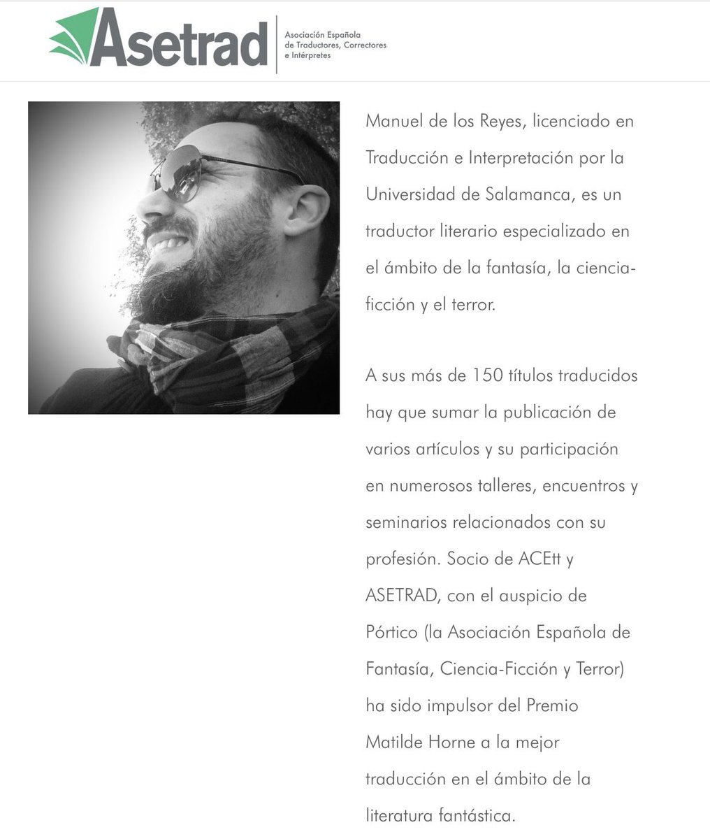 Ciberseminario

«En alas de la imaginación: La traducción de literatura fantástica»
<a href="/tradelosreyes/">Manuel de los Reyes</a>

<a href="/Asetrad_ORG/">Asetrad</a>, 7 y 14 de junio
Info: formacion.asetrad.org/courses/en-ala…