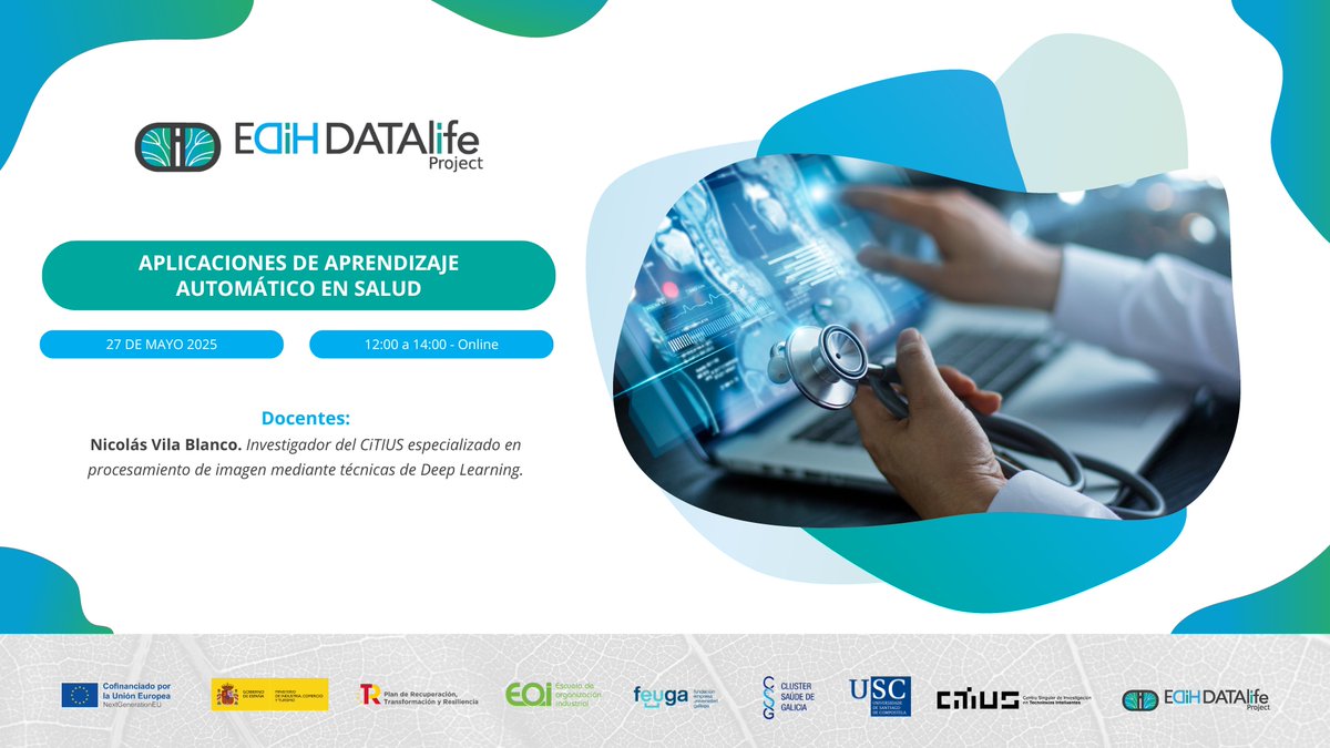 FEUGA_oficial's tweet photo. #FEUGAimpulsa
🏥🤖 Aplicaciones de aprendizaje automático en salud
Nueva Formación gratuita del proyecto #EDIH para profesionales sanitarios sobre el potencial del Aprendizaje Automático en el cuidado de la salud. https://t.co/JR4Xw4o9TN