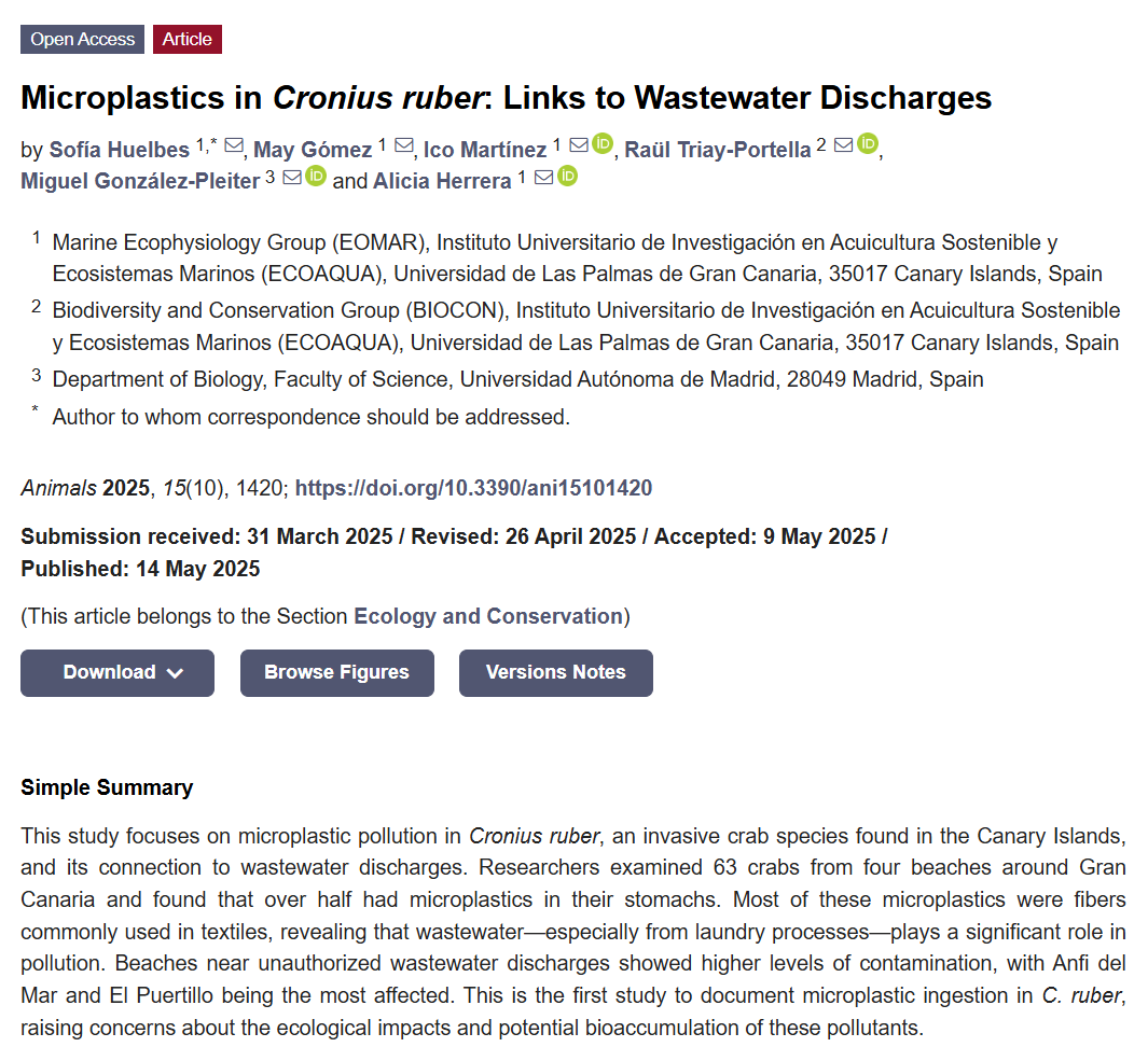 DOYCAG's tweet image. New article in sight!👀
Our student Sofía Huelbes (@Sofia_Huelbes), from @eomarulpgc, has just published a paper on microplastics in crabs🦀
Congratulations to her and her thesis supervisors!🥳
mdpi.com/2076-2615/15/1…
@ulpgcresearch @ECOAQUA_ULPGC