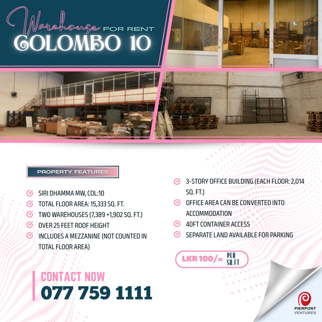 TeamPierpont's tweet image. Warehouse For Rent at Siri Dhamma Mw, Colombo 10

Discover the perfect business space at Siri Dhamma Mawatha – spacious warehouse for versatile storage.

Contact us for further details
📱 0777 59 11 11
📞 0117 682 683

#Warehouse #ForRent #Colombo10 #Pierpont #RealEstateBrokers