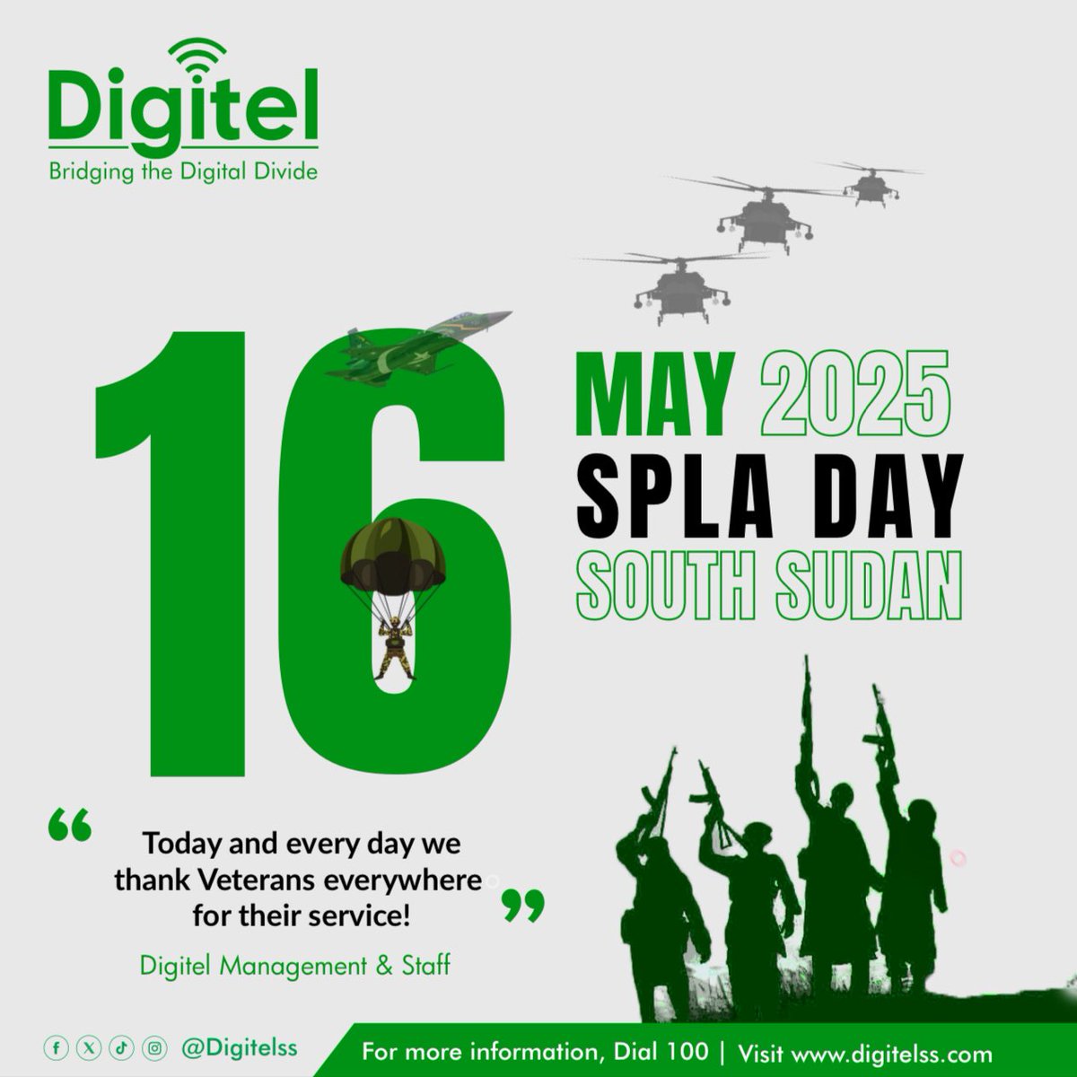 Digitel South Sudan (@digitelss) on Twitter photo Today we honor the heroes who stood for freedom & defended our nation with unwavering courage. Because of their sacrifice, indigenous companies like Digitel now have the chance to thrive & serve. Happy SPLA Day to all our veterans & their families your bravery won’t be forgotten. Today we honor the heroes who stood for freedom & defended our nation with unwavering courage. Because of their sacrifice, indigenous companies like Digitel now have the chance to thrive & serve. Happy SPLA Day to all our veterans & their families your bravery won’t be forgotten.