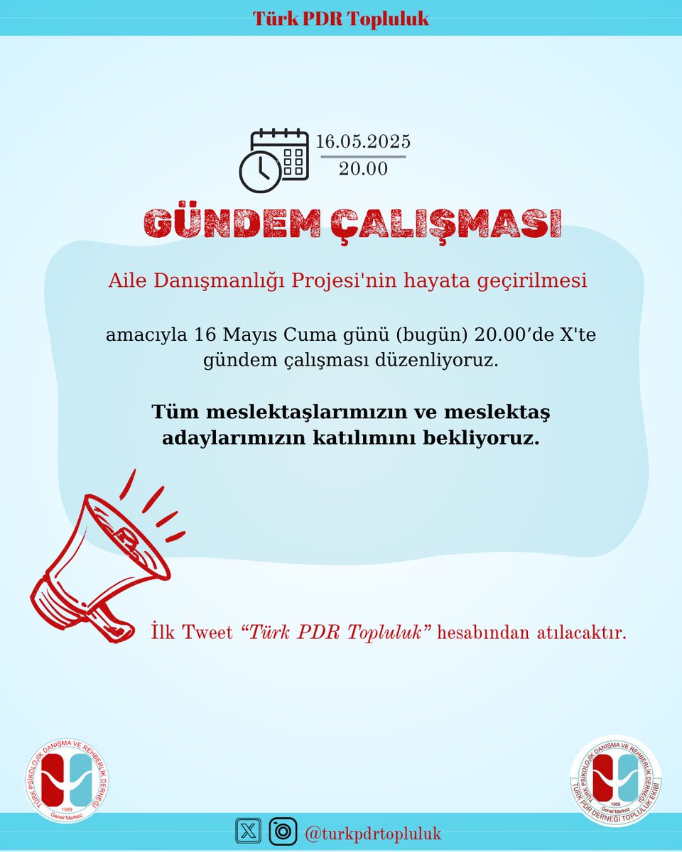 Türk PDR Topluluk Ekibi olarak Aile Danışmanlığı Projesi’nin hayata geçirilmesi amacıyla 16 Mayıs Cuma günü (bugün) 20.00’de X’te gündem çalışması düzenliyoruz. 

Tüm meslektaşlarımızın ve meslektaş adaylarımızın katılımını bekliyoruz.✨