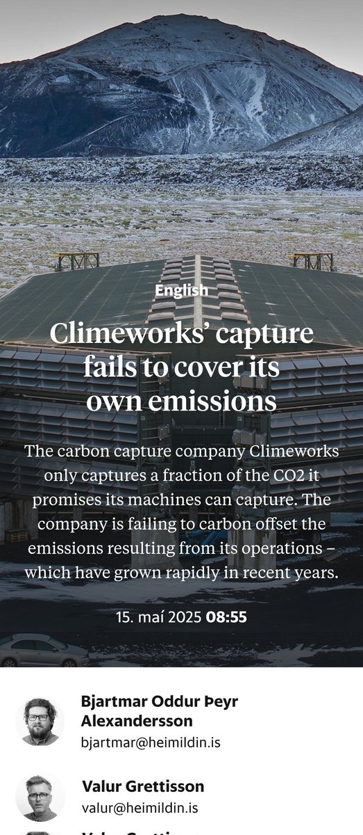 LeonSimons8's tweet photo. Climeworks’ capture fails to cover its own emissions '1,700 tons of CO₂ in 2023'

'Since the company began capturing in Iceland, it has captured a maximum of one thousand tons of CO₂ in one year.'

🤦