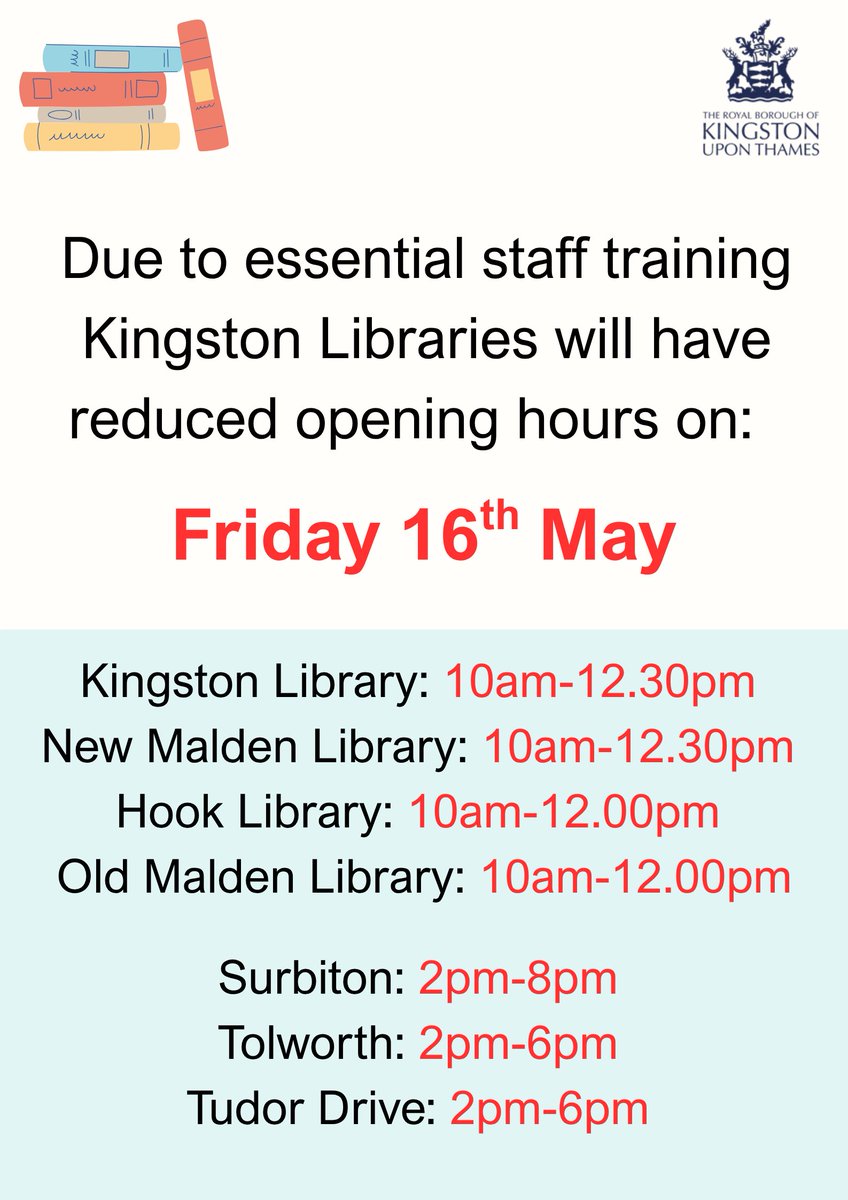 Good morning! Just as a reminder today, Kingston Libraries will have reduced hours today due to staff training. Please be aware before making any journeys.