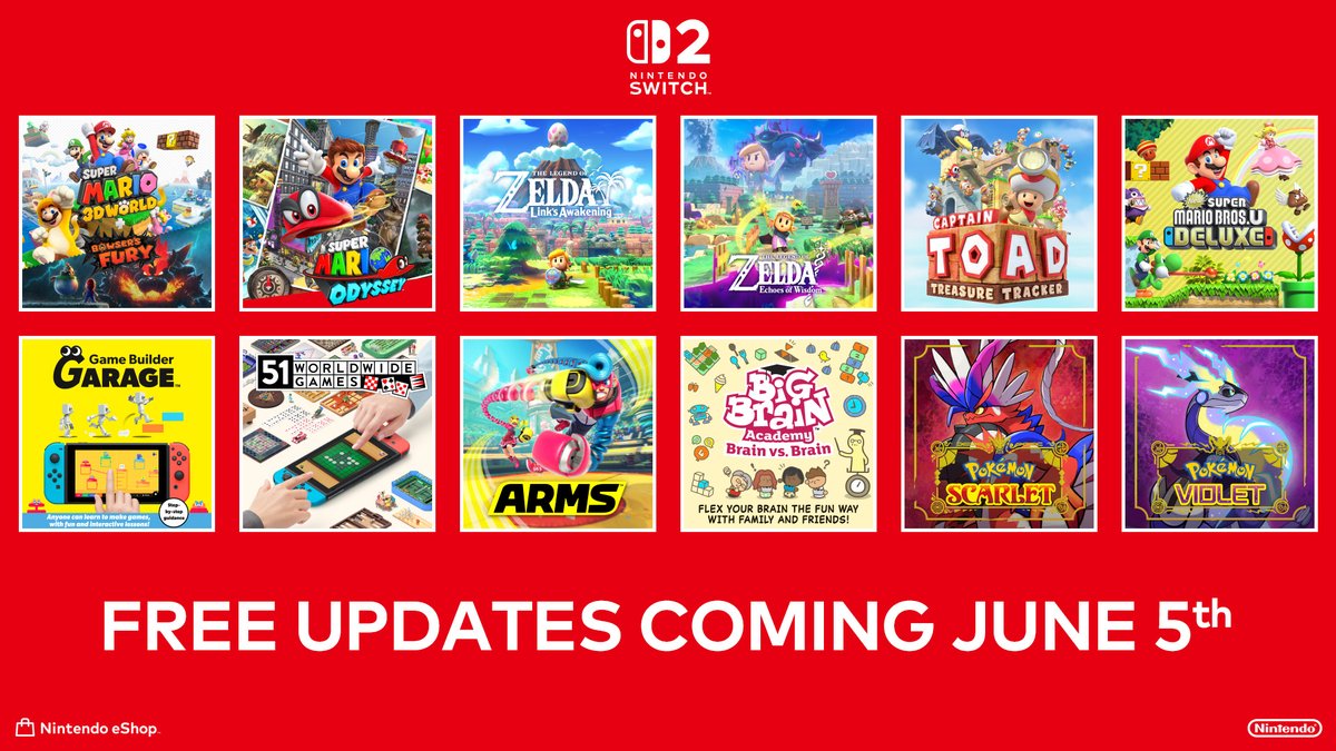 #SuperMarioOdyssey, #PokemonScarletViolet and other selected Nintendo Switch games will receive free updates on June 5th to enhance the gameplay experience on #NintendoSwitch2.

Find out more: ntdo.com/6019f2BlF