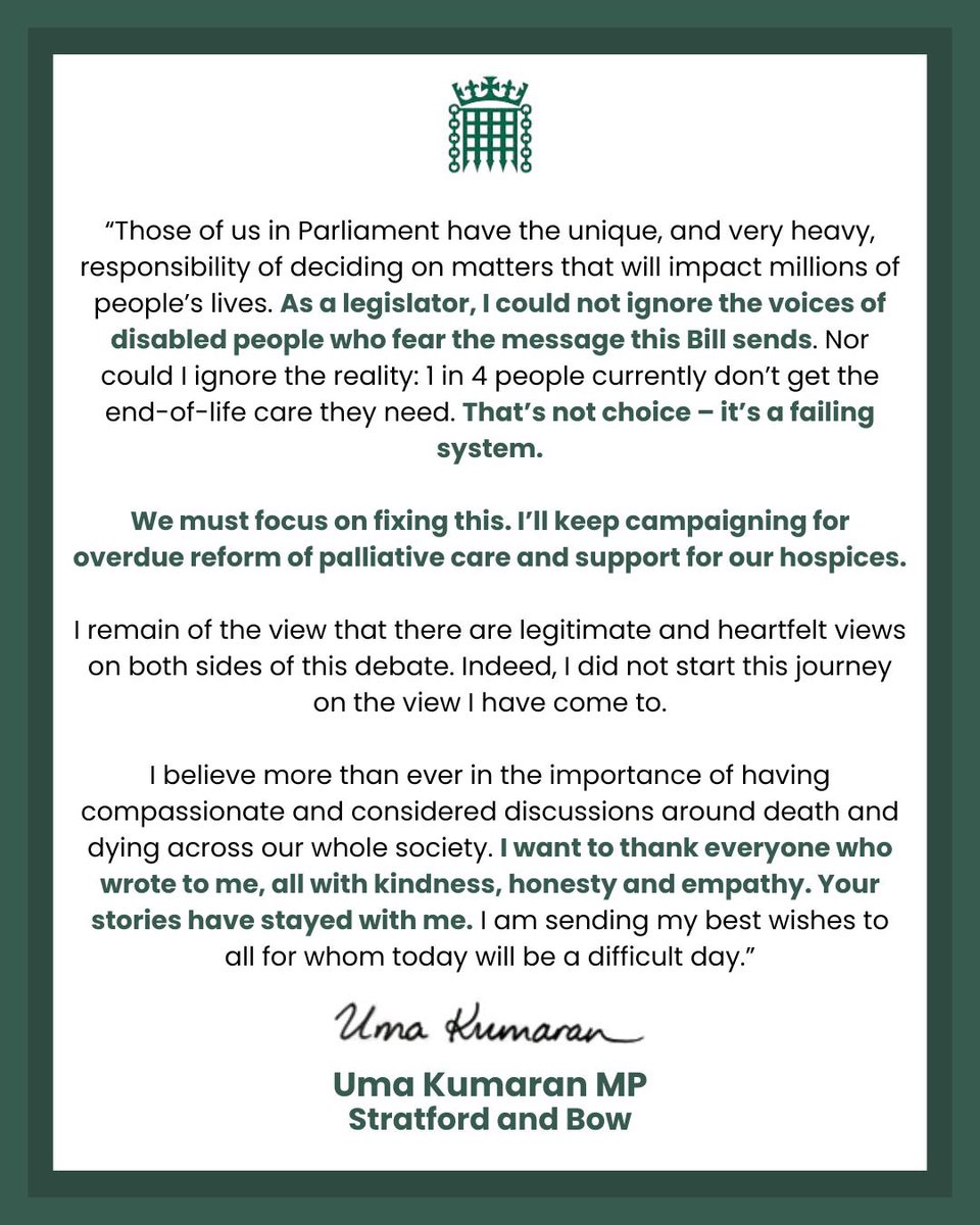 Once again, I cannot support this bill

We have a failing palliative care system, I’ve witnessed this firsthand and it will stay with me forever

We must focus on fixing palliative care and supporting our hospices

Sending my best to all for whom this will be a difficult day ❤️