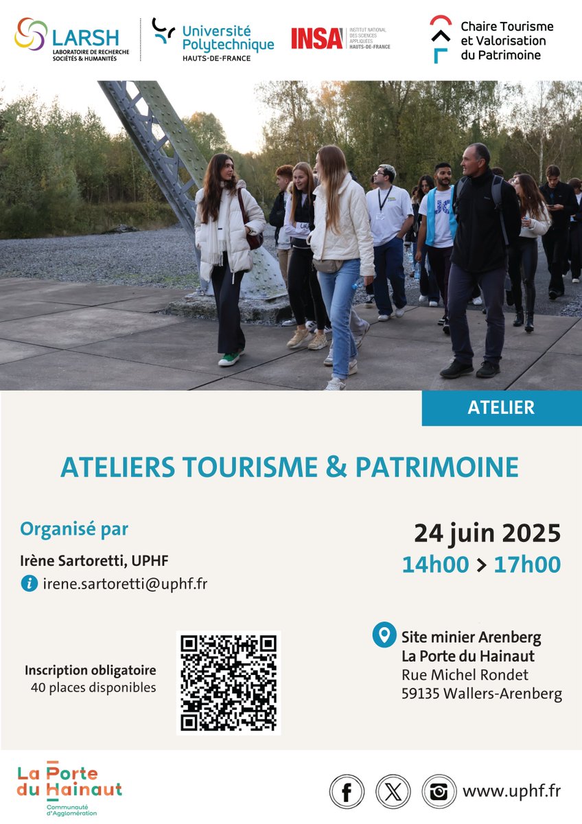 ➡️Ateliers tourisme &amp; patrimoine

🗓️24 juin 2025 14h00-17h00
📍Site Minier Arenberg, La Porte du Hainaut
Rue Michel Rondet, 59135 Wallers Arenberg

📝Inscription obligatoire (40 places disponibles) :  
evento.renater.fr/survey/results…

ℹ️uphf.fr/larsh/actualit…

<a href="/chairetvp/">Chaire Tourisme et Valorisation du Patrimoine</a> <a href="/UphfOfficiel/">Université Polytechnique Hauts-de-France</a>