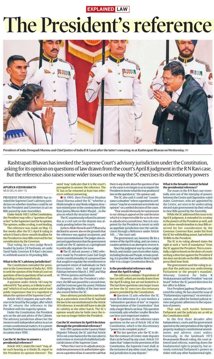 imRavikantYadav's tweet image. &apos;The President&apos;s Reference&apos;

*The 14 questions President Murmu has asked SC
*States that have approached SC on pending bills

:An informative article by Ms Apurva Vishwanath
@apurva_hv 

#PresidentofIndia #DroupadiMurmu #PresidentReference #SupremeCourt 
#Article143 
#law

#UPSC