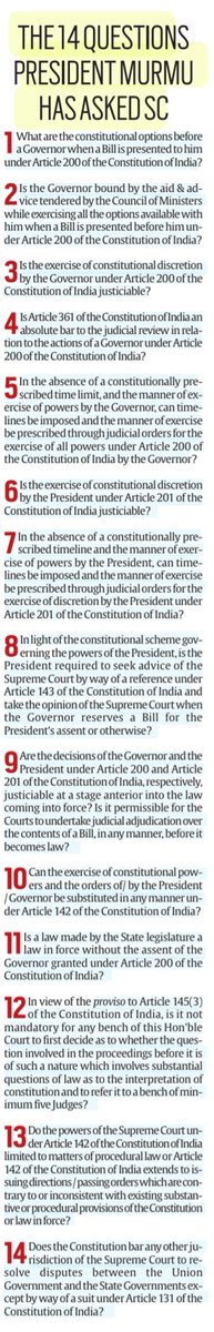imRavikantYadav's tweet image. &apos;The President&apos;s Reference&apos;

*The 14 questions President Murmu has asked SC
*States that have approached SC on pending bills

:An informative article by Ms Apurva Vishwanath
@apurva_hv 

#PresidentofIndia #DroupadiMurmu #PresidentReference #SupremeCourt 
#Article143 
#law

#UPSC