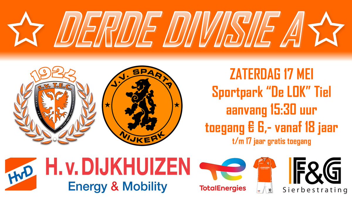 Morgen staat voor TEC de laatste thuiswedstrijd van het seizoen 2024-2025 op het programma, op sportpark De Lok in Tiel is <a href="/spartanijkerk/">Sparta Nijkerk 🧡🖤</a> onze tegenstander
<a href="/HetKontakt_Tiel/">Het Kontakt Tiel</a> <a href="/geldersvoetbal/">VoetbalGelderland.nl</a> <a href="/RVoetbal/">Regio-Voetbal</a>