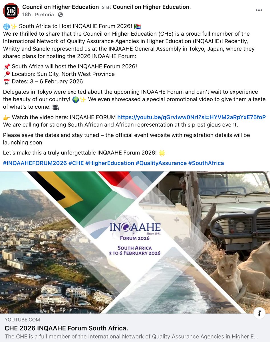 CHE South Africa to Host INQAAHE Forum 2026! Watch the video for more information: youtu.be/qGrvIww0NrI?si…  #INQAAHEFORUM2026 #CHE #HigherEducation #QualityAssurance #SouthAfrica