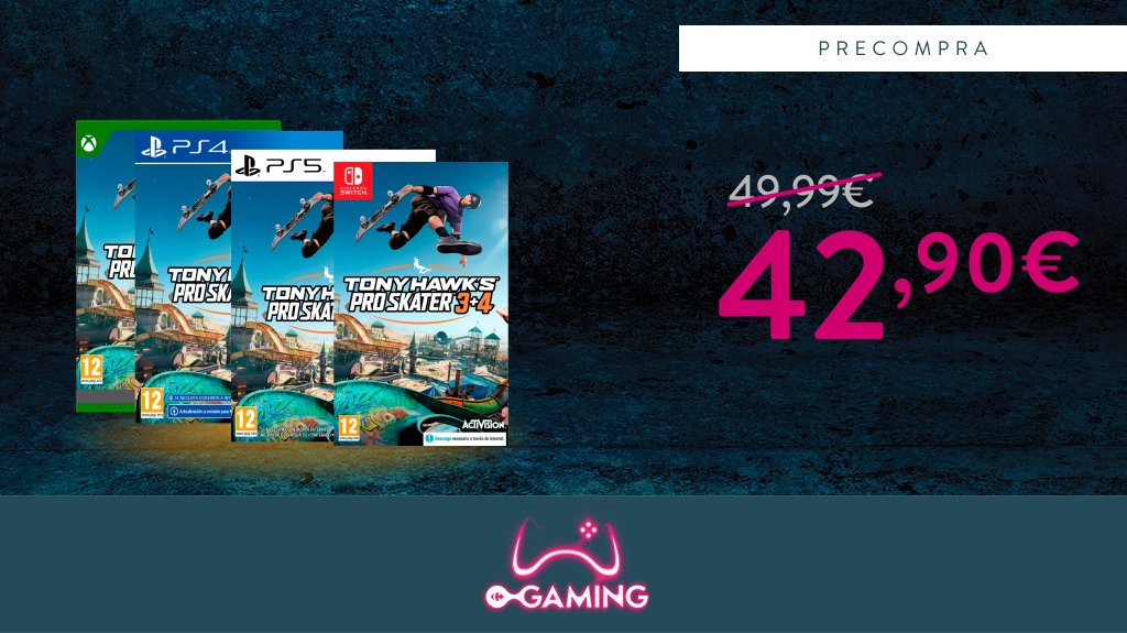 CarrefourGaming's tweet photo. Precompra ya Tony Hawk´s Pro Skater 3+4 por 42,90€ para PS5, Switch, PS4 y Xbox, a la venta el  11/07
https://t.co/NIOhcgOKDO https://t.co/RSMhN9SEvE