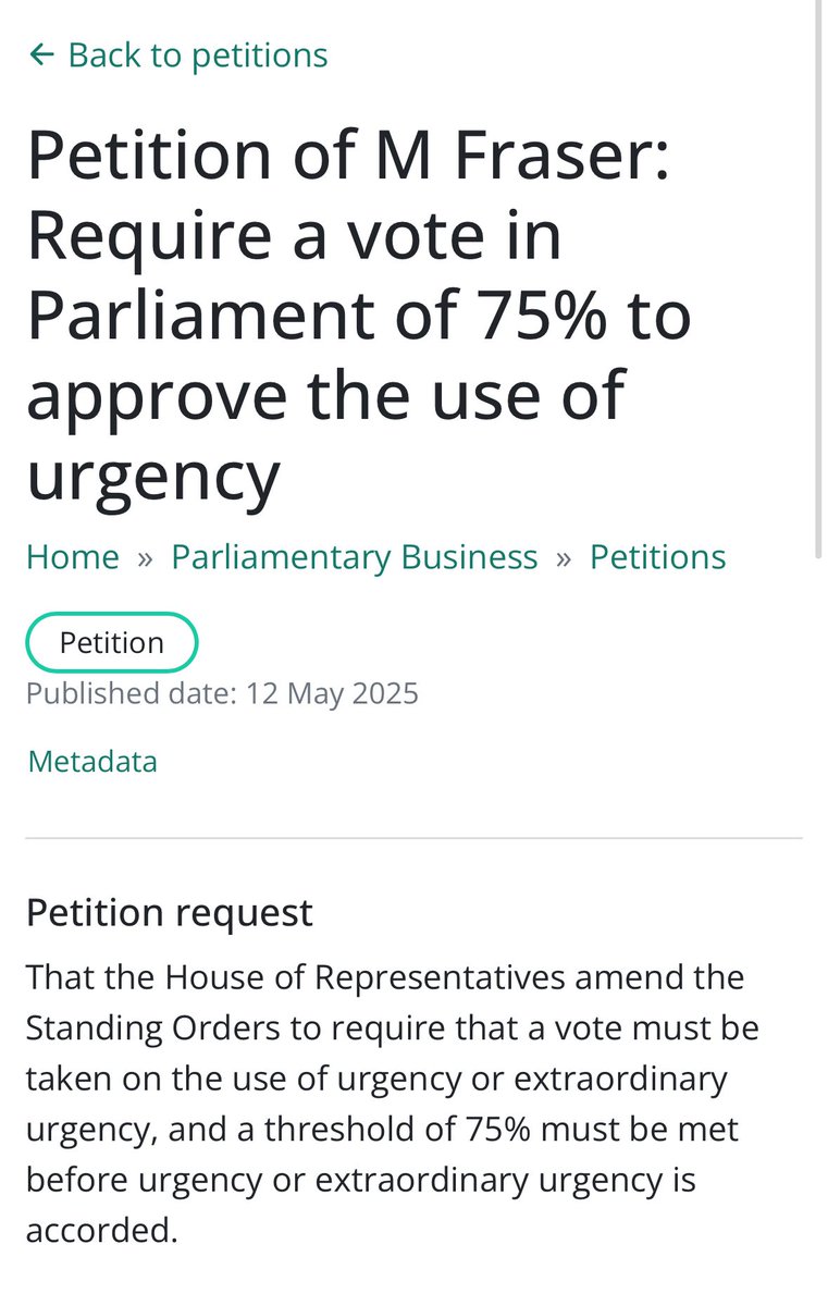 A petition for you all to sign e hoa mā: Require a vote in Parliament of 75% to approve the use of urgency
petitions.parliament.nz/c9194f5c-e810-…