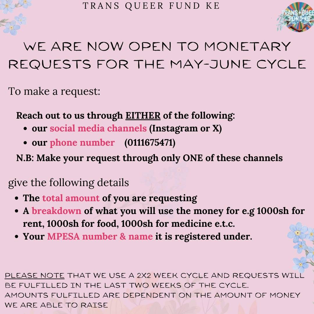 TransqueerKe's tweet photo. We’re no longer taking monetary requests via email.
Please use our social media DMs or the phone number in the poster only.
Email requests won’t be fulfilled.
Thanks for understanding &amp; sharing!
#TransQueerFundKE #MutualAidKE https://t.co/NWazuy7wod