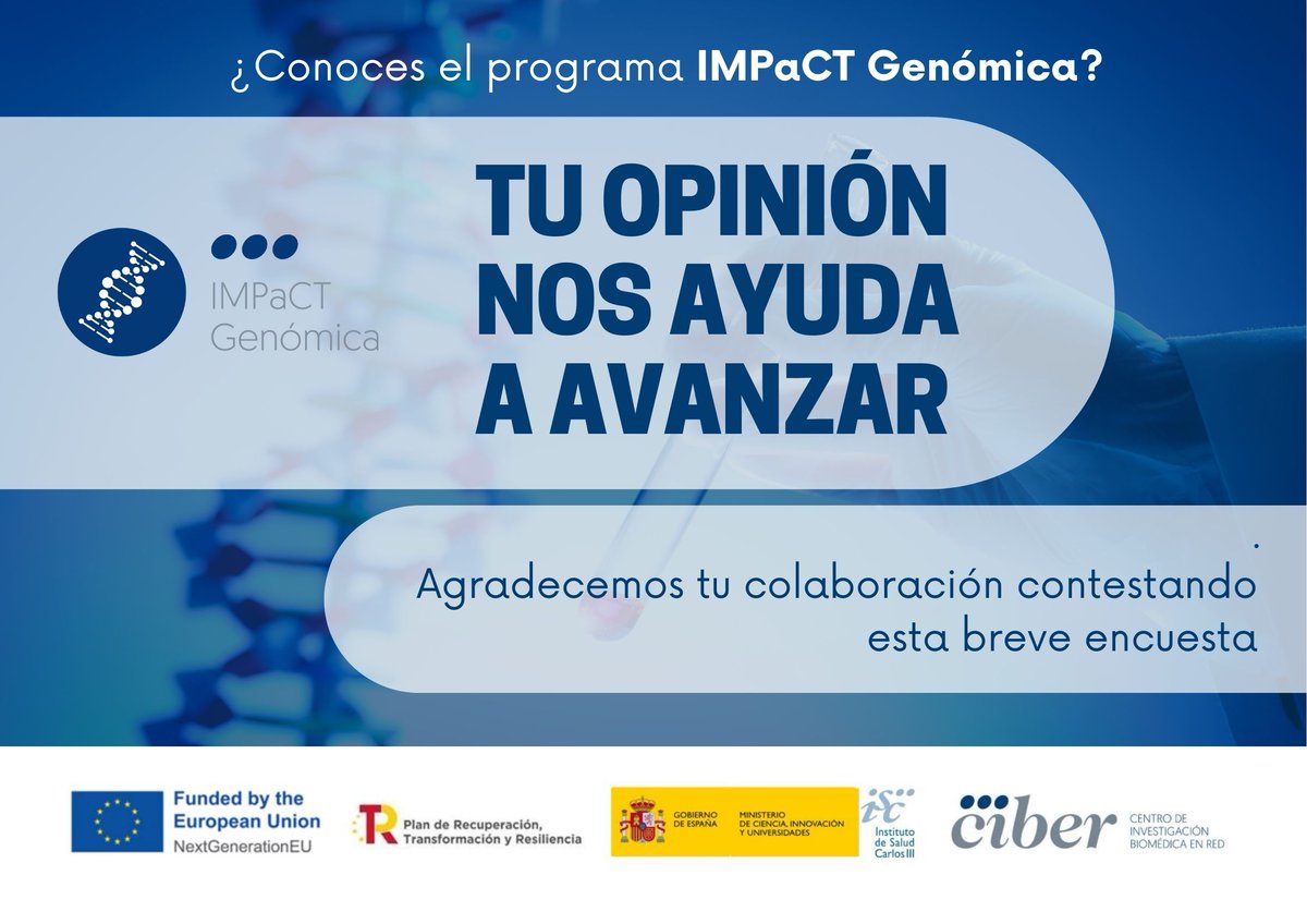 Desde la Asociación Española Contra el Cáncer, como miembros de IMPaCT-Genómica, nos gustaría saber tu opinión.
¡Solo tardarás 5 minutos en contestar la encuesta!
Haz clic en forms.office.com/e/z9FG4cnEBc