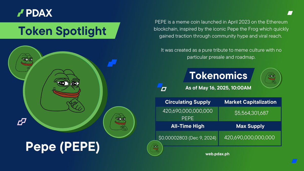 PDAXLearn's tweet image. PDAX Token Spotlight: $PEPE 🔦

@pepecoineth is what happens when internet culture meets crypto chaos 🐸

#PEPE is the meme coin that took #Ethereum and social media by storm. With no roadmap, no presale, and 420 trillion tokens, it proudly calls itself the “most memeable meme…