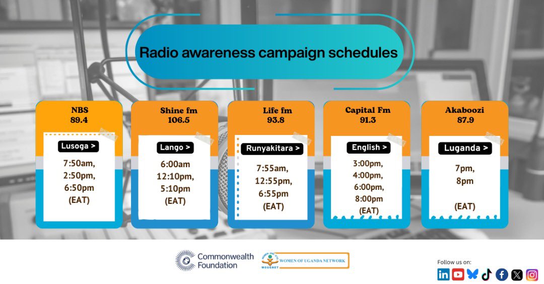🚨Have you missed out listening to this powerful message?  Worry no more! 

Below are the schedules for our #HerRightToKnow radio awareness messages. 

🎧Listen in anywhere- in your garden, car, house, office or even on your phone!