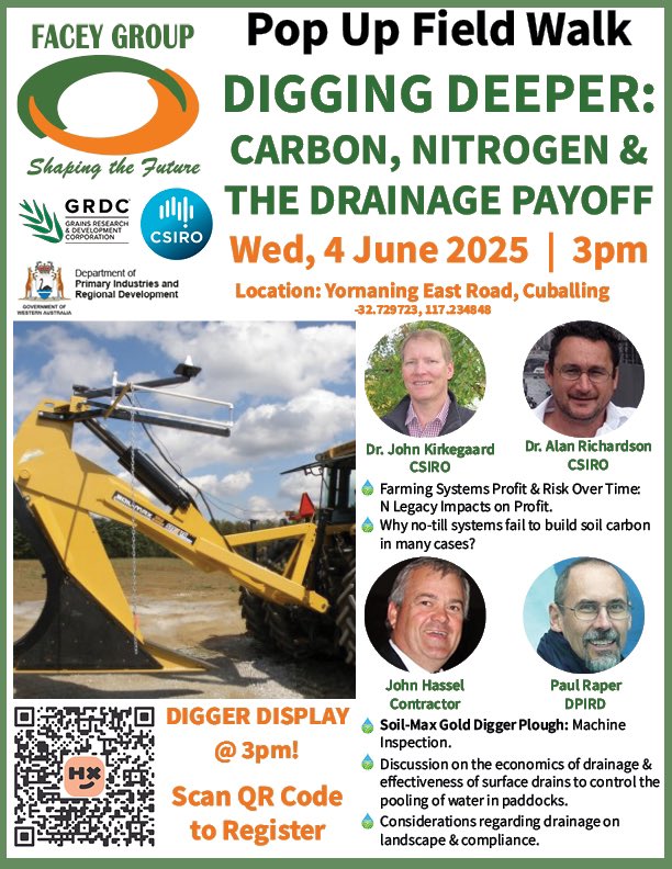 🚨 Pop-Up Field Walk – 4 June @ 3pm!

<a href="/FaceyGroup/">Facey Group</a> are digging deeper into carbon, nitrogen &amp; drainage with some of the best in the biz 🌱💧

Hear from <a href="/CSIRO/">CSIRO</a>, <a href="/DPIRDWA/">DPIRDWA</a> &amp; local experts, get up close &amp; personal with a SoilMax Gold Digger inspection, &amp; get across the latest in