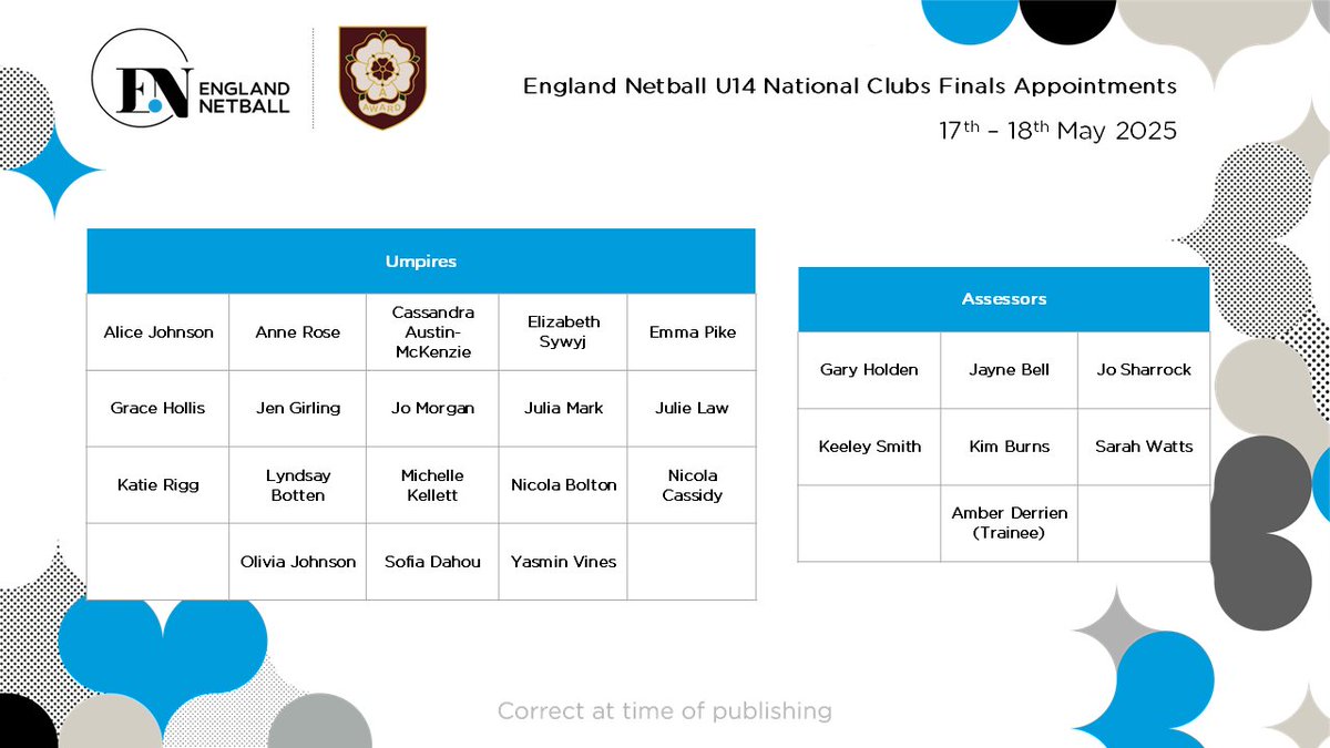 It's time for U14 National Club Finals! 🥳

Here are the England Netball Umpire Appointments for 17th &amp; 18th May 2025 🙌
Good luck to all involved 👏

Don't forget you can tune in to by clicking the link below 💻
englandnetball.tv/home/events

#OfficiatingFamily