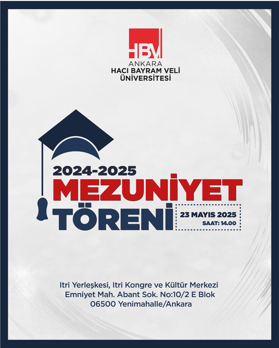 Üniversitemizin 2024-2025 Akademik Yılı Mezuniyet Töreni'ne katılımlarınızı bekliyoruz. 

🗓 23.05.2025
⏰️ 14.00
📍HBV Itri Yerleşkesi, Itri Kongre ve Kültür Merkezi 

#hbv_mezunlar 🤳🎓❤️