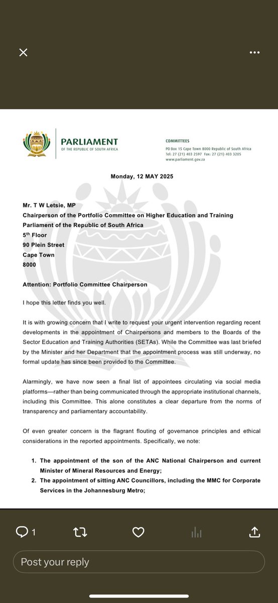 Chair of the portfolio committee on higher education Tebogo Letsie confirms to me that the MKP also sent him a letter  on the SETA board appointments. He says the MKP and the DA are the parties that sent him letters. He says he spoke to the EFF’s Sihle Lonzi on Tuesday evening.