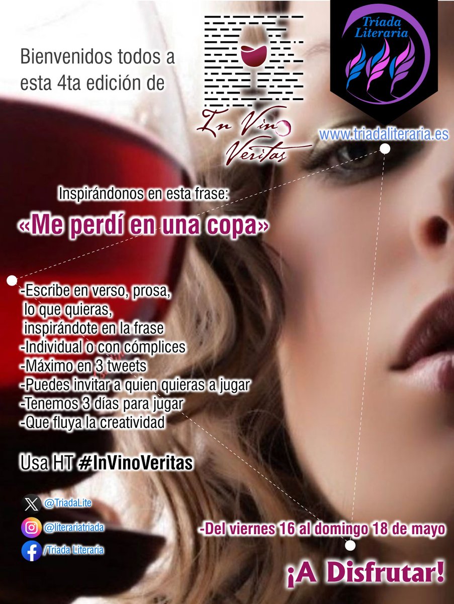 TriadaLite's tweet photo. Iniciamos la 4ta edición de #InVinoVeritas. Nos inspiramos en la siguiente frase:
«Me perdí en una copa»
¡A escribir y disfrutar! 🍷📝💫 https://t.co/4HWWoslMgm