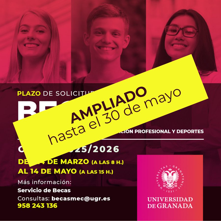 Se informa que se ha ampliado hasta el 30 de mayo el plazo para solicitar becas y ayudas a estudiantes de niveles postobligatorio (Grado y Master) para el curso 2025/2026
Toda la información en: ve.ugr.es/.../becas-y-ay…
#facultaddeporteugr #canalugr