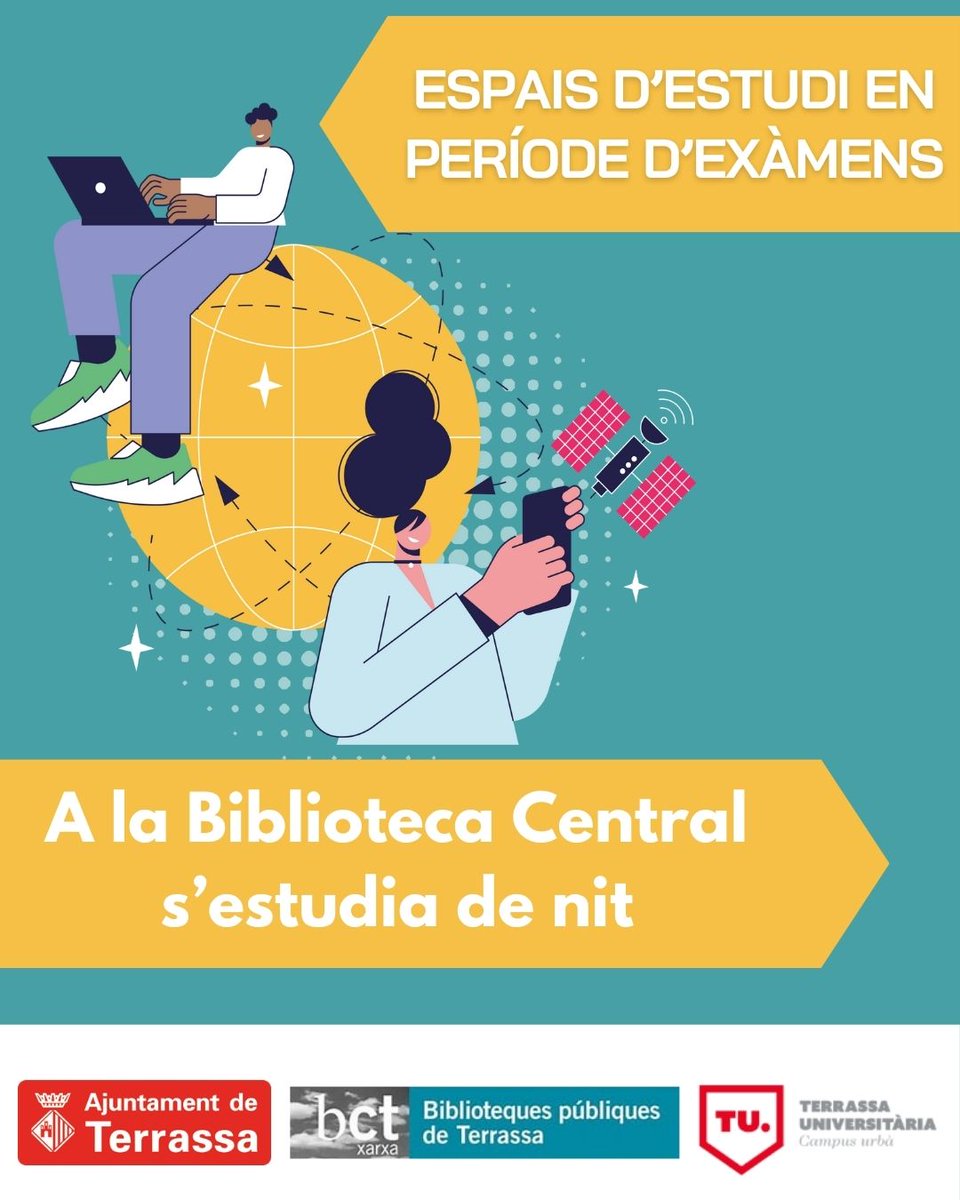Ajuntament de Terrassa (@ajterrassa) on Twitter photo 🕘 La <a href="/bctxarxa/">bct xarxa</a> Central obre en horari nocturn com a aula d’estudi
🗓️del 19/05 al 27/06
🕗dll a dv, 20h a 24h
🕖dss, 19h a 24h
També obren Biblioteca del Campus <a href="/la_UPC/">Universitat Politècnica de Catalunya (UPC)</a> i 🏢 Sala TR10 (UPC)
ℹ️ terrassa.cat/bct-aules-estu…
ℹ️ bibliotecnica.upc.edu/horaris#BCT
<a href="/trsuniversitats/">Terrassa Universitària</a> 🕘 La <a href="/bctxarxa/">bct xarxa</a> Central obre en horari nocturn com a aula d’estudi
🗓️del 19/05 al 27/06
🕗dll a dv, 20h a 24h
🕖dss, 19h a 24h
També obren Biblioteca del Campus <a href="/la_UPC/">Universitat Politècnica de Catalunya (UPC)</a> i 🏢 Sala TR10 (UPC)
ℹ️ terrassa.cat/bct-aules-estu…
ℹ️ bibliotecnica.upc.edu/horaris#BCT
<a href="/trsuniversitats/">Terrassa Universitària</a>