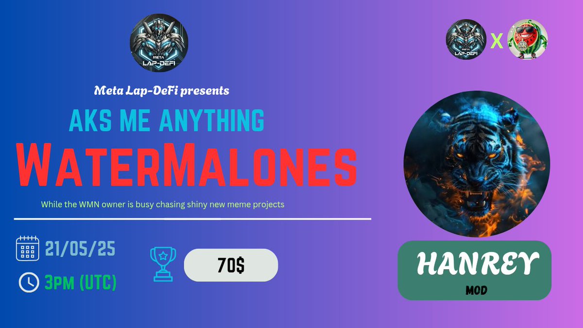 📢 We're thrilled to announce our next #TextAMA with <a href="/WaterMalonesCTO/">WaterMalones CTO</a> on 21 may 2025, (3PM UTC)

🔥 Chat AMA
💲Reward Pool: $70
📍Venue: t.me/MetaLapDeFi

〽️Rules:
✅ Follow <a href="/MetaLap_DeFi/">Meta Lap-DeFi || AMA & Giveaway</a> &amp; <a href="/WaterMalonesCTO/">WaterMalones CTO</a>
✅Like &amp; Retweet
✅Ask your question 
#Crypto #AMA #BSC