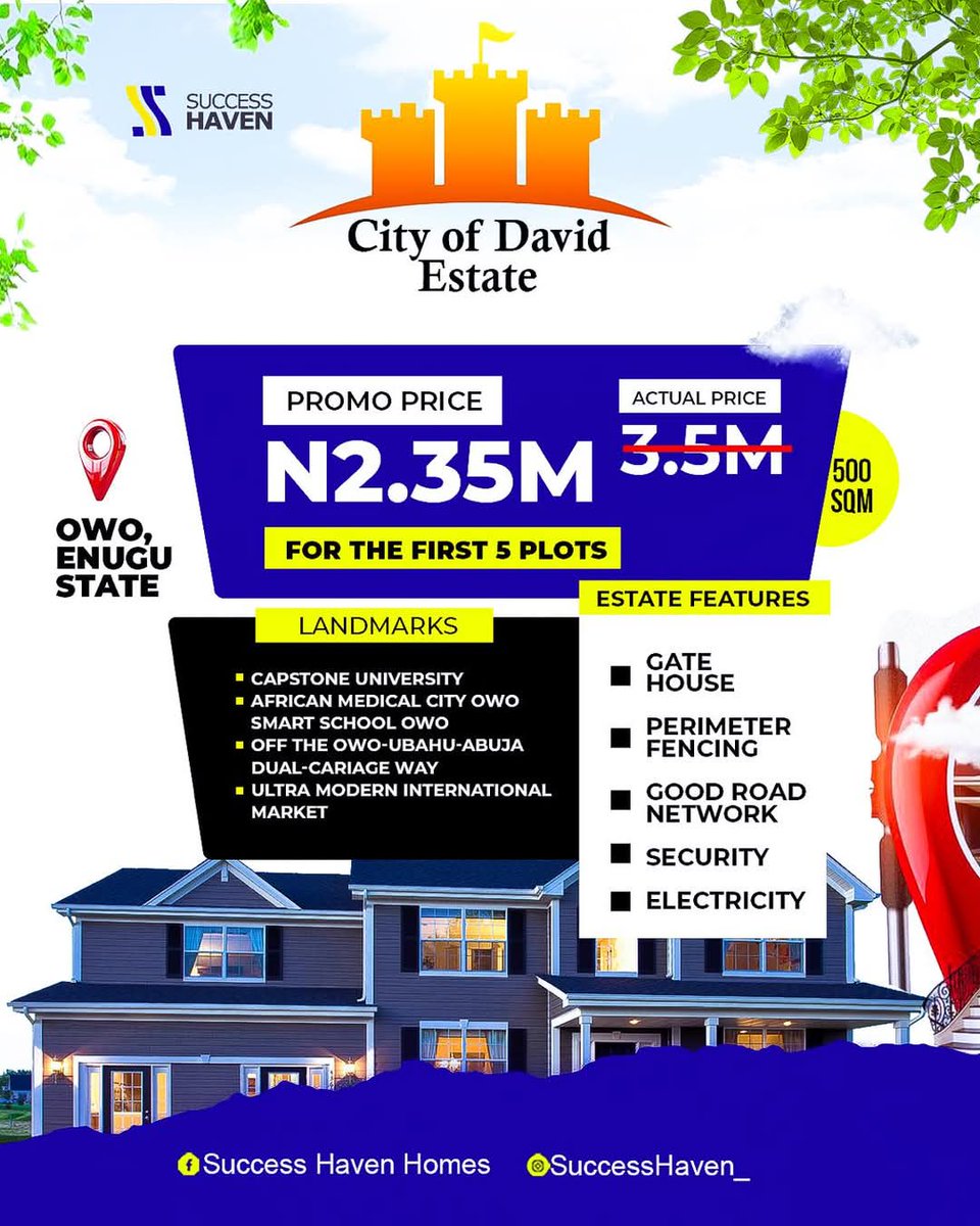 SuccessHaven_'s tweet photo. Experience Luxury Living at Its Peak – CITY OF DAVID, Enugu!

Located in the heart of the Coal City, this estate in Owo, Enugu offers the perfect blend of luxury, comfort, and serenity — ideal for your dream home or commercial project.

💰 Promo Price: ₦2.5M (Actual: ₦3.5M) https://t.co/DWjwZurc2q