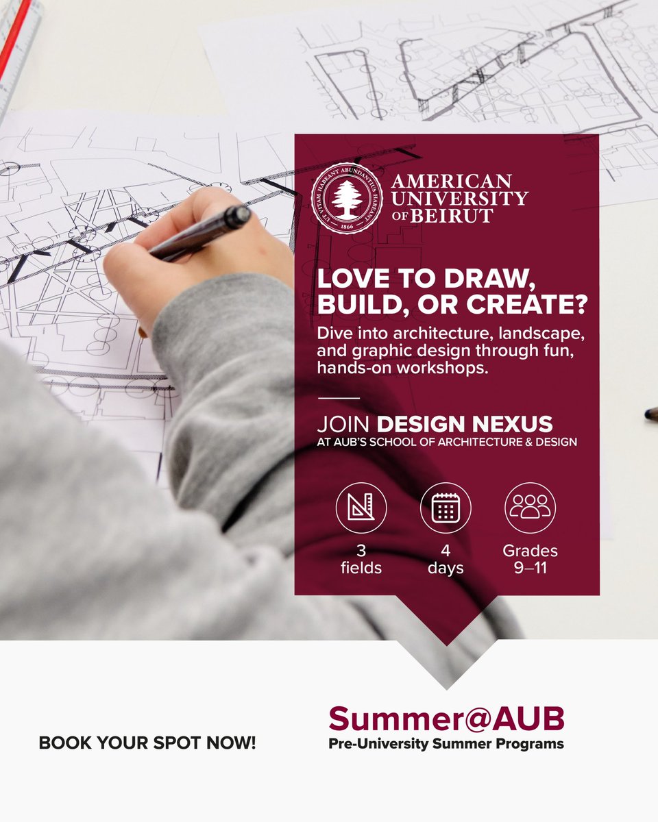 Join Design Nexus at AUB for 4 days of hands-on workshops in architecture, landscape, and graphic design!

🎒 For Grades 9–11
📣 Book your spot now!

aub.edu.lb/cec/Summer@AUB… 

#DesignNexus #AUB #Summer #CreativeMinds