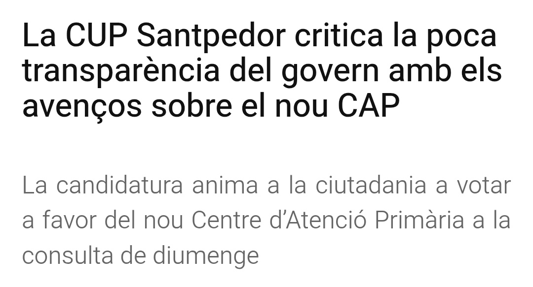 CUP_Santpedor's tweet photo. Després de mesos pendents de les negociacions pel nou CAP, ens hem hagut d'assabentar pels mitjans de l'acord (tancat la setmana passada) entre @salutcat i el govern d'ERC i Sumem per construir-lo.

Una falta de transparència i respecte cap a l'oposició i la gent organitzada. 
🔽 https://t.co/vL2DwJC9Vm