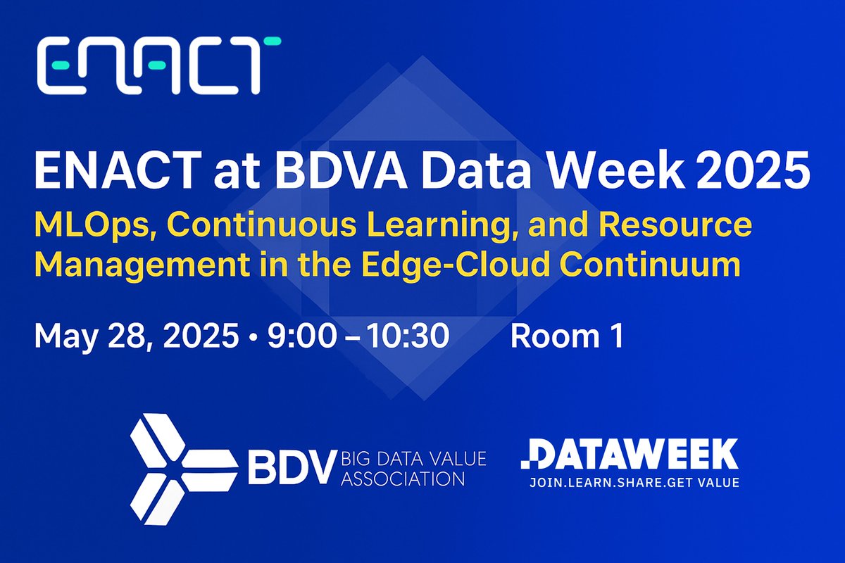 ENACT_horizon (@enact_horizon) on Twitter photo ๐ ENACT joins BDVA Data Week 2025 in Athens!
๐
May 28 | ๐ 09:00 CEST | ๐ Room 1
We'll present how ENACT enables adaptive AI & resource management in the Edge-Cloud continuum โ๏ธ๐ง โ๏ธ
Donโt miss it! ๐ data-week.eu/session/ai-in-โฆ
#ENACT #MLOps #EdgeAI #AIContinuum #DataWeek25 ๐ ENACT joins BDVA Data Week 2025 in Athens!
๐
May 28 | ๐ 09:00 CEST | ๐ Room 1
We'll present how ENACT enables adaptive AI & resource management in the Edge-Cloud continuum โ๏ธ๐ง โ๏ธ
Donโt miss it! ๐ data-week.eu/session/ai-in-โฆ
#ENACT #MLOps #EdgeAI #AIContinuum #DataWeek25