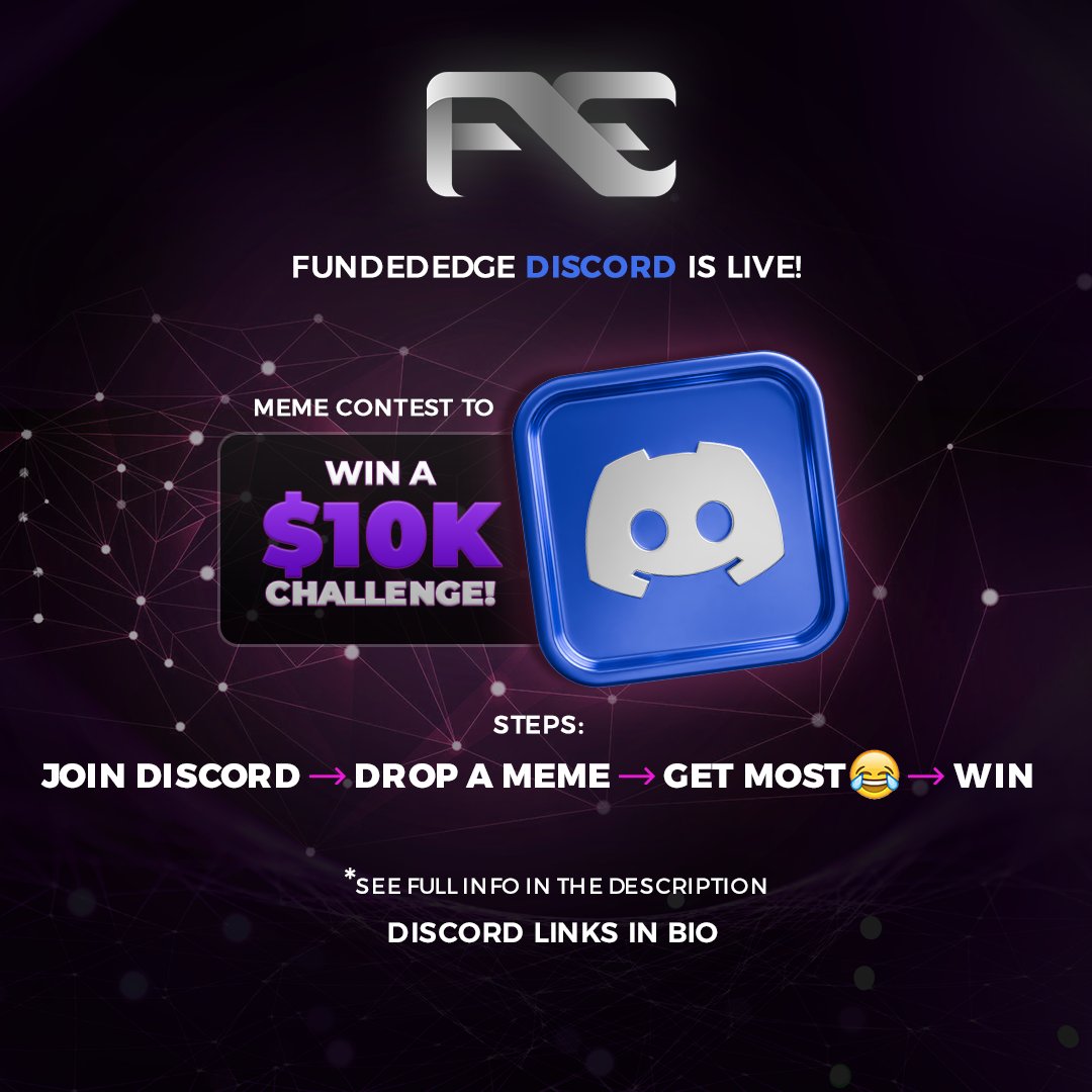 Fundededge_X's tweet photo. 🚨FundedEdge Discord is LIVE!🚨
We’ve launched our Discord server-link in bio! To celebrate, we’re running a Trader Lifestyle Meme Contest:
Post your funniest trader lifestyle meme in our #memes channel. The meme with the most 😂 reactions wins a $10K Challenge Account!

Yes, you can meme your way to a funded account.

Ready to trade, laugh, and win? Join now!

👉 $10K Meme Contest
👉 Join via bio
👉 Meme must be trader lifestyle themed
👉 Win big!
Let the memes begin!  😎
#discord #fundededge #FundedTrader #fundedchallenge #forextrading