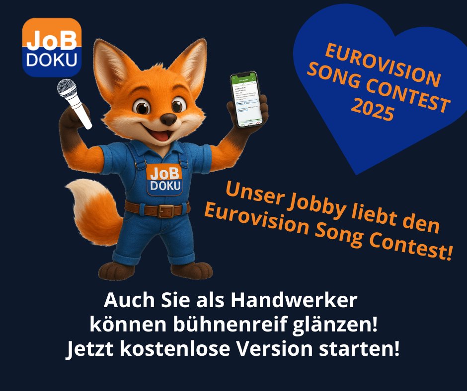 JobDoku's tweet photo. 🌟 Beim Eurovision stehen Songs im Rampenlicht – bei uns ist es Ihre Arbeit! 💪
Während ganz Europa für den großen ESC-Finalabend mit fiebert, fragen wir uns: Warum sollen nur Sänger glänzen dürfen?
 🎸 Auch Handwerker können ein Meisterwerk abliefern – und zwar jeden Tag am Arbeitsplatz!
Mit JobDoku läuft Ihre Projektplanung wie ein Hit in Dauerschleife:
 ✅ Zeiterfassung im Takt
 ✅ Baustellendokumentation wie aus dem Tonstudio
 ✅ Ressourcenmanagement auf Goldniveau
Mit unserer Handwerker-App bringen Sie Ihre Abläufe garantiert auf Platz 1 der Effizienz-Charts! 🥇📲
📢 Jetzt kostenlos testen https://t.co/QzgXfOvrU2
#esc2025 #eurovision2025 #eurovisionsongcontest2025 #JobDoku #HandwerkHatTalent #handwerker #zeiterfassung