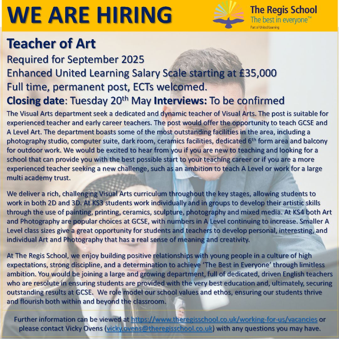 We have 2 exciting posts to join The Regis School for September 2025:
- Art Teacher
- Science Teacher

Further information can be viewed at theregisschool.co.uk/working-for-us… or please contact Vicky Ovens (vicky.ovens@theregisschool.co.uk) with any questions you may have.
