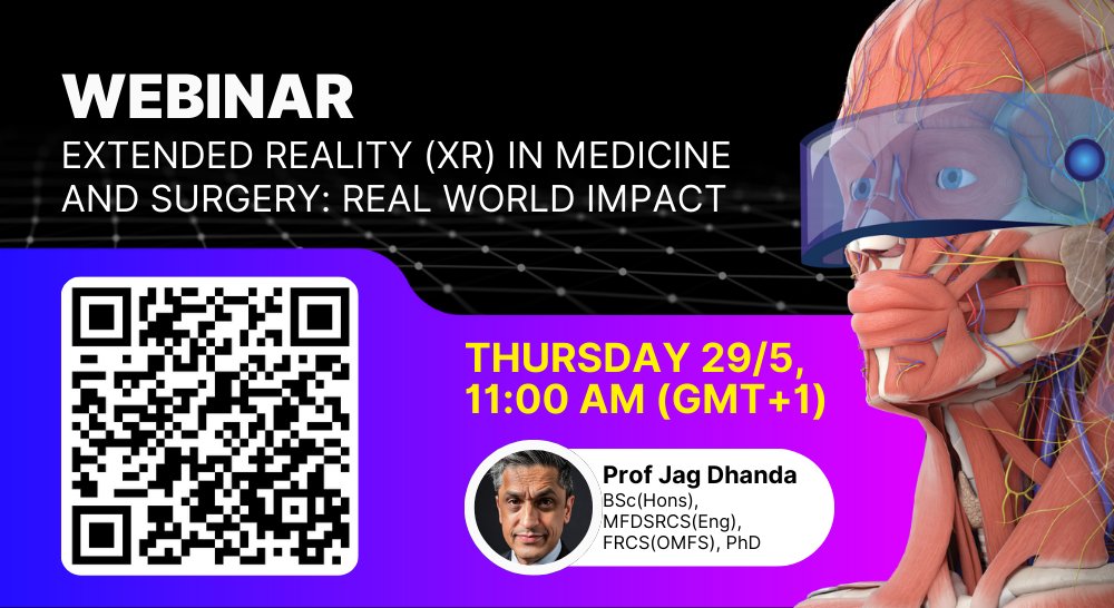 Don’t Miss This Groundbreaking Webinar on XR in Medicine &amp; Surgery!

📅 Date: 29 May 2025
 🕚 Time: 11:00 AM (UK Time)
 🎤 Guest Speaker: Professor Jag Dhanda

Maxillofacial/Head &amp; Neck Consultant Surgeon | Professor of Surgery | CEO &amp; Founder, VRiMS

#XRinMedicine #SurgicalTech