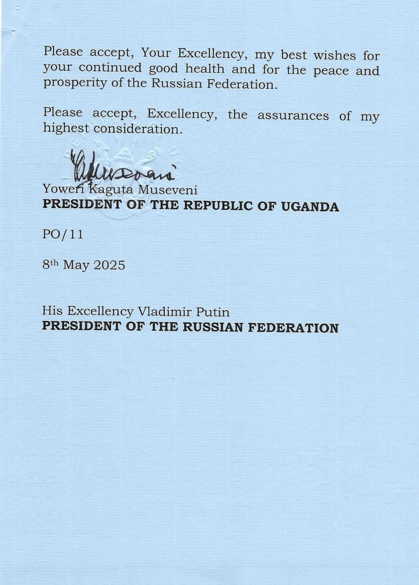 H.E. Yoweri Kaguta Museveni, President of the Republic of Uganda sent a congratulatory message to H.E. Vladimir Putin, President of Russia on the occasion of the 80th anniversary of Victory in the Great Patriotic War.