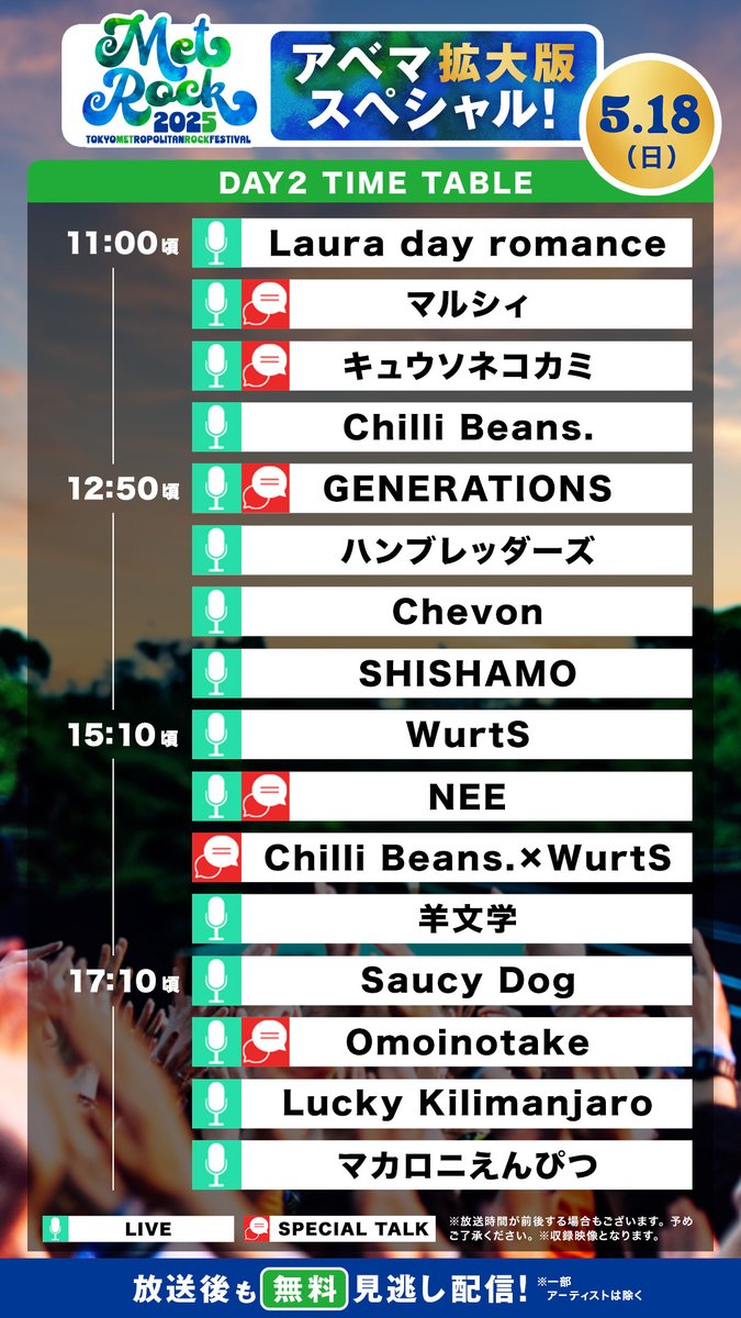 ＼初出しライブ映像満載!!／
 #メトロック 2025 アベマ拡大版SP
5/17(土)-18(日)無料独占配信！

【 配信タイムテーブル発表⏰ 】

視聴はここから👉abema.go.link/8fV0G
※一部アーティストはアーカイブ配信がございません

お楽しみに🎶