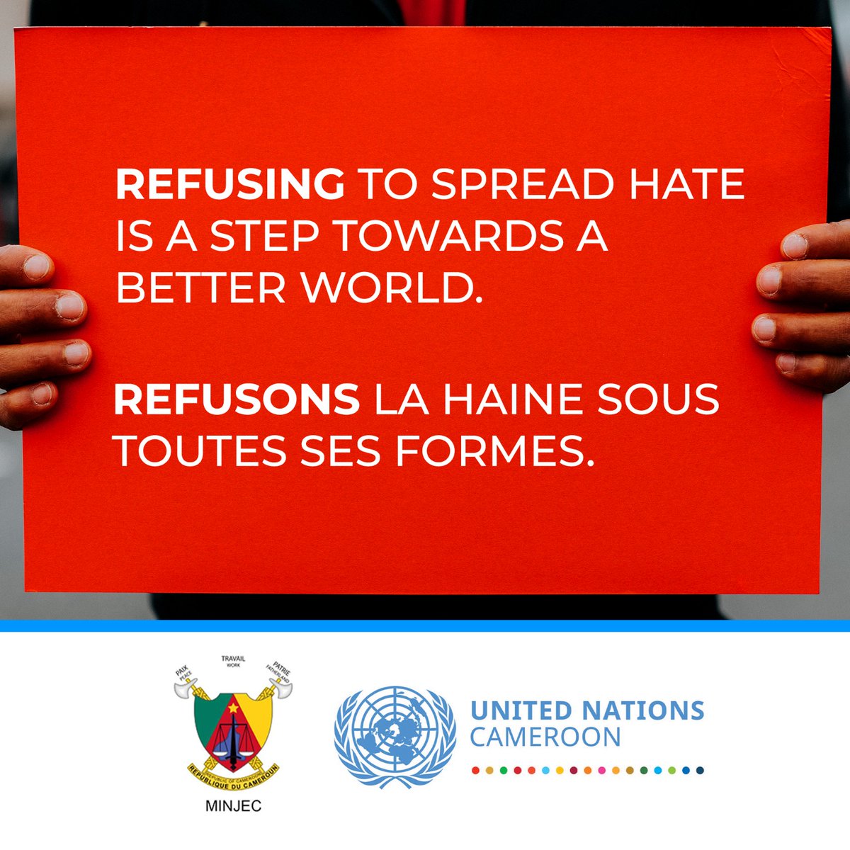 "Peu importe nos origines, nos croyances ou nos différences : l’humanité nous relie."
Ensemble, faisons le choix du respect, de la paix et de la solidarité

#CampagneCivique2025  #StopHaineEnLigne #AgirPourLeCameroun  #PaixEtVivreEnsemble  #MINJEC  <a href="/UN_Cameroon/">UN_Cameroon</a>  <a href="/PNUDCameroun/">PNUD Cameroun</a>