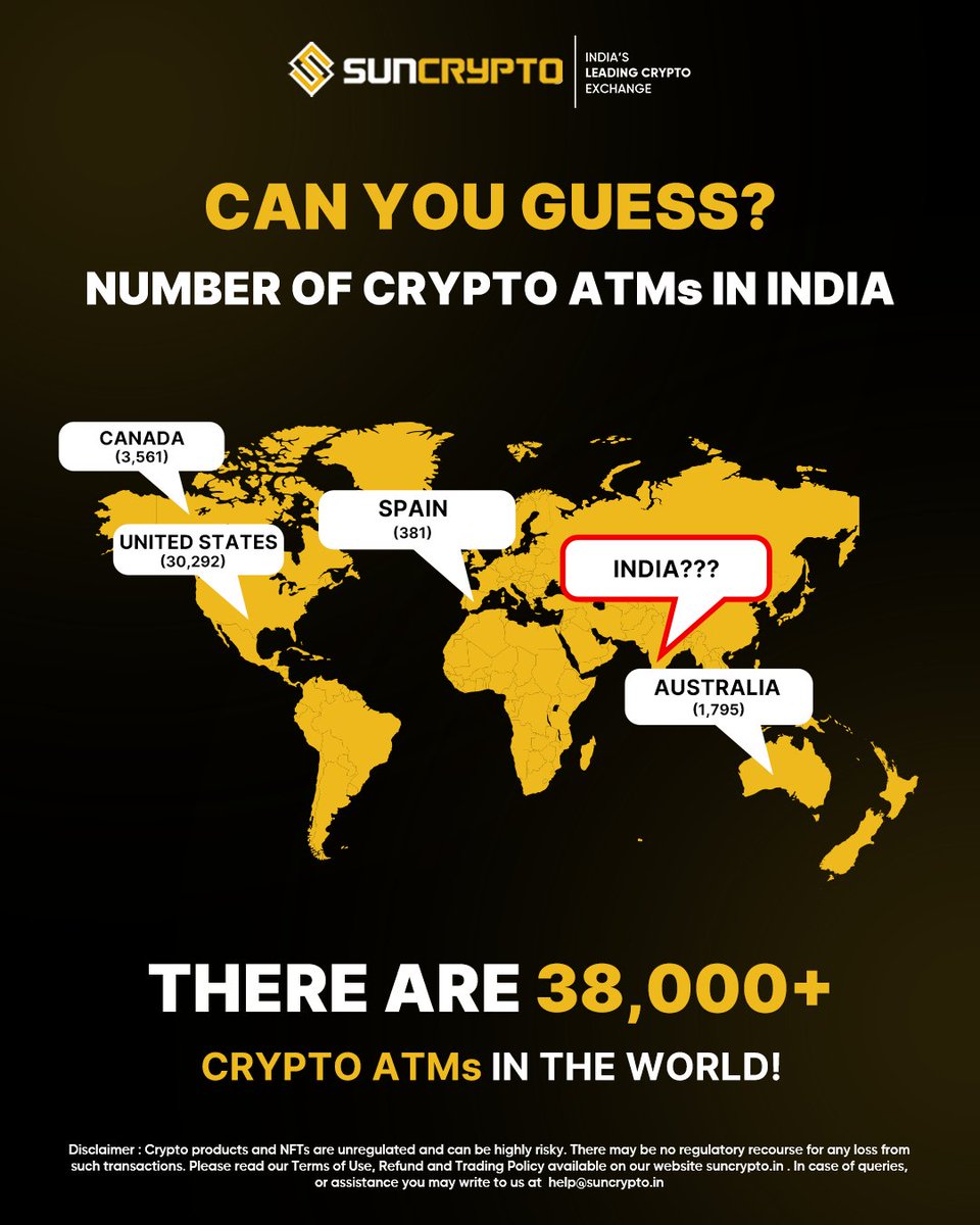 Drop your guess in the comments ⬇️ How many crypto ATMs are there in India?📊  Suncrypto | Crypto News | Latest Crypto | Bitcoin #cryptocurrency #trading  #cryptofacts #cryptonews #suncrypto #suncryptoshurukaro
