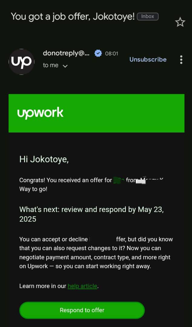AutomationKing0's tweet photo. Waking up to an Offer on Upwork
A long term client.......
This is just the beginning
Proof that consistency + skill = results.
#UpworkSuccess #AIAutomation #FreelanceLife https://t.co/lVuyWqBwbE